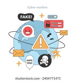 Der digitale Globus wird belagert: Zorn, Hassbotschaften und Desinformation schwinden, wenn die Cyberkriegsführung eskaliert und die Bedrohung durch Falschmeldungen auf globaler Ebene signalisiert wird. Flache Vektorgrafik.