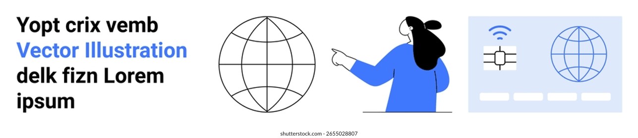 Digital globe, woman pointing at globe, interface elements. Ideal for global connectivity, technology, digital interaction, online education, web design, communication, user interface design. Banner