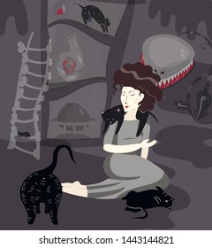 digital gloomy illustration of a young curly woman sitting in a creepy witchy room with five black cats and a plant with sharp teeth. Gothic interior.