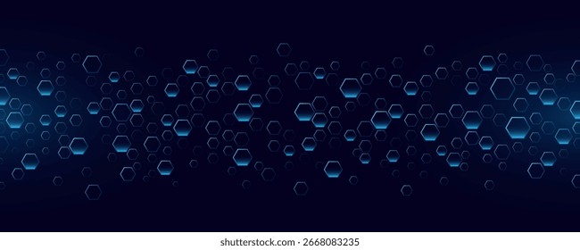 Hexágonos azuis brilhantes digitais para fundo de tecnologia ou ciência. Fundo cibernético de alta tecnologia para design FinTech, apresentação de pesquisa médica ou página de capa do site. Ilustração vetorial.