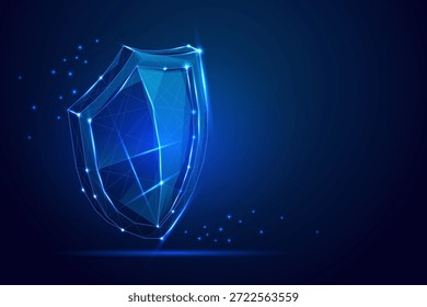 Digitales leuchtendes blaues Schild mit polygonalem Netz und Partikeln, symbolisiert Cybersicherheit und Datenschutz. Vektorgrafik.