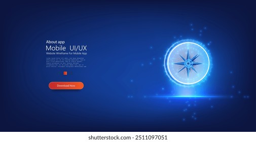 Digital Glowing Compass Rose on Blue Background. Vector illustration