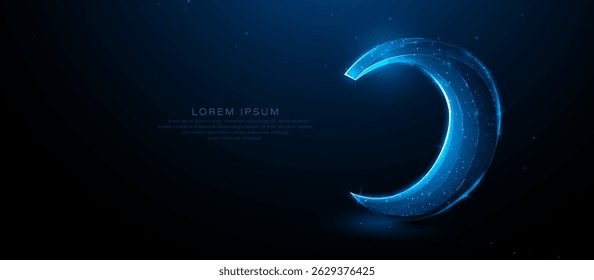 Digital glowing crescent moon in futuristic style on dark blue background with particle lights