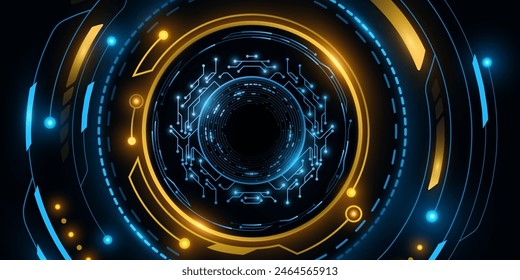 Digital glowing HUD circles with light effects. Futuristic dashboard. Cyber circuit board on a black background. GUI and UI design. Vector illustration. EPS 10.