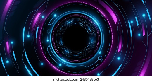 Digitale leuchtende HUD-Kreise mit Lichteffekten auf dunklem Hintergrund. Futuristisches Armaturenbrett mit Cyber-Platine. Grafische Elemente für GUI- und UI-Design. Vektorillustration. EPS 10