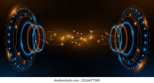 Digital glowing HUD circles with neural connectors on black background. Big data visualization into cyberspace. Development of a Futuristic Sci-fi mechanism. Vector illustration. EPS 10.