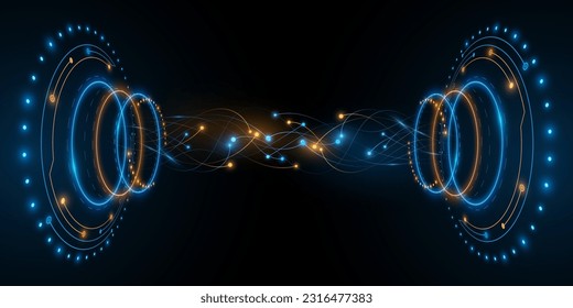 Círculos digitales HUD brillantes al estilo Sci-fi con conectores neuronales sobre fondo oscuro. Desarrollo de un mecanismo futurista. Gran visualización de datos en el ciberespacio. Ilustración vectorial. EPS 10.