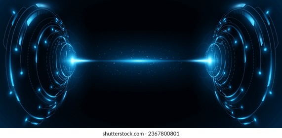 Digital glowing HUD circles with sparkling energy flash into cyberspace. Futuristic sci-fi elements with cyber circuit board. Abstract technology communication design. Vector illustration. EPS 10.