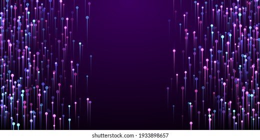 Digital glowing line streams fiber optics vector. Tech neon purple flare particles. Business vertical lines innovative wallpaper. Fiber optics progressive backdrop.