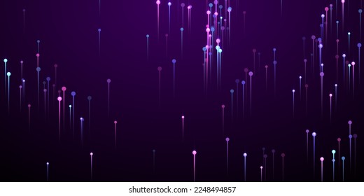 Digital glowing line streams speed motion vector. Geometric neon purple light elements. Electronic industry vertical lines innovative pattern. Speed motion cool backdrop.