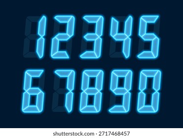 Números brillantes digitales. Figuras LCD azules para dispositivos electrónicos, relojes, calculadoras e interfaces de marcador. Ilustración vectorial.