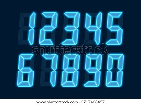 Digital glowing numbers. Blue LCD figures for a electronic devices, clocks, calculators, and scoreboard interfaces. Vector illustration.