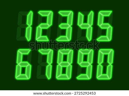 Digital glowing numbers. Green LCD figures for a electronic devices, clocks, calculators, and scoreboard interfaces. Vector illustration.
