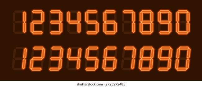 Digital glowing numbers. Orange LCD figures for a electronic devices, clocks, calculators, and scoreboard interfaces. Vector illustration.