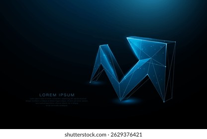 Digital glowing rising arrow in polygonal wireframe style on dark background with futuristic lights