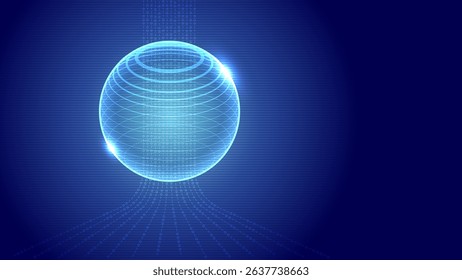 Digital glowing sphere with circular wireframe lines and binary code particles. Ideal for AI technology, science data, and futuristic digital design.