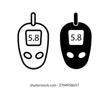 Ícono digital del glucómetro, Vector negro de línea plana o delgada. Se utiliza para el seguimiento del azúcar en sangre. Ilustración vectorial del glucómetro en sangre.