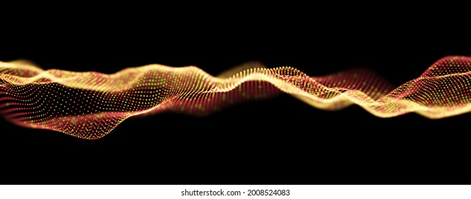 Digital gold particle wave. Sound structure visualization. Flow dot landscape. Abstract technology background.