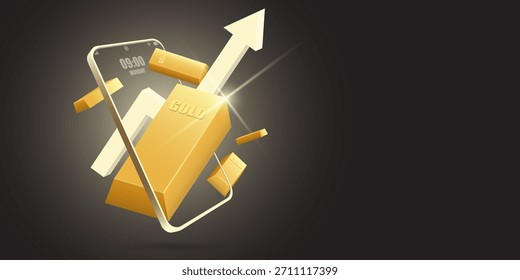 Conceito de negociação de ouro digital com Smartphone e barras de ouro