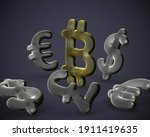 Digital golden 3D Bitcoin cryptocurrency logo surrounded by scattered fiat currencies signs on gray background. Concept of crypto investing and stock exchange trading. Vector illustration, EPS 10.