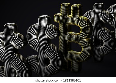 Digital golden 3D Bitcoin cryptocurrency logo in a row with US Dollar signs on gray background. Concept of successful crypto investing and stock exchange trading. Vector illustration, EPS 10.