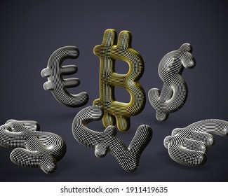 Digital golden 3D Bitcoin cryptocurrency logo surrounded by scattered fiat currencies signs on gray background. Concept of crypto investing and stock exchange trading. Vector illustration, EPS 10.