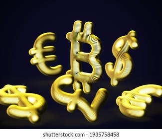 Digital golden 3D Bitcoin cryptocurrency logo surrounded by scattered fiat currencies signs on blue background. Concept of crypto investing and stock exchange trading. Vector illustration, EPS 10.