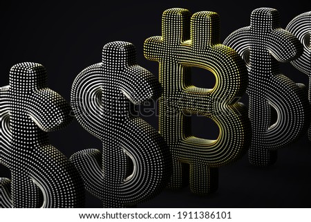 Digital golden 3D Bitcoin cryptocurrency logo in a row with US Dollar signs on gray background. Concept of successful crypto investing and stock exchange trading. Vector illustration, EPS 10.
