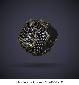 Digital golden 3D dice with cryptocurrency logos Bitcoin, Litecoin and Ripple on gray background. Concept of luck and fortune in crypto investing and stock exchange trading. Vector illustration EPS 10