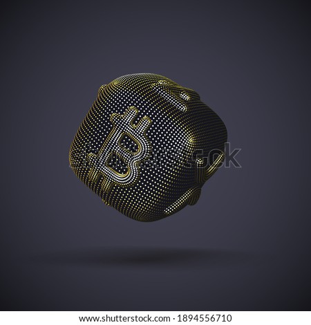 Digital golden 3D dice with cryptocurrency logos Bitcoin, Litecoin and Ripple on gray background. Concept of luck and fortune in crypto investing and stock exchange trading. Vector illustration EPS 10
