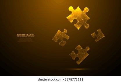 Digital golden puzzle. Abstract jigsaw.Business solution concept. Technology puzzle pieces. Low poly wireframe vector illustration in futuristic style with golden glitter. Vector illustration