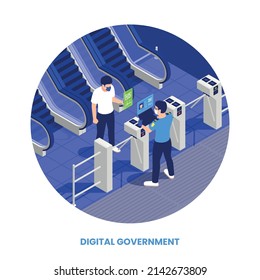 Digital govenment concept with citizen entering public transport using qr-code id isometric vector illustration