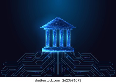 Governança digital e conceito de instituição inteligente com edifício do governo poligonal brilhante conectado ao quadro de circuitos em fundo azul escuro. Estilo de poli baixo futurista, ilustração vetorial abstrata.