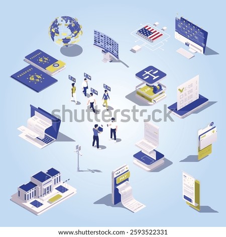 Digital government isometric concept with different public services icons isolated vector illustration