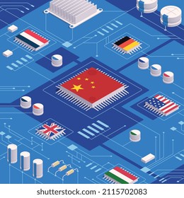 Isometrisches Konzept der digitalen Regierung mit Mikrochip und nationalen Flaggen, Vektorgrafik