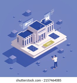 Digital government isometric concept with tablet and governmental building vector illustration