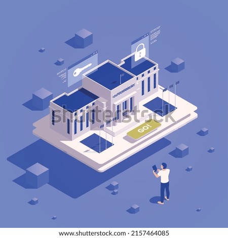 Digital government isometric concept with tablet and governmental building vector illustration