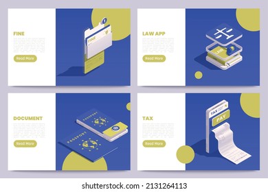 Digital government landing pages set with isometric electronic document symbols isolated vector illustration