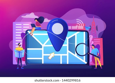 Digital GPS application for smartphones. Geotag sign on city map. Local search optimization, search engine targeting, local SEO strategy concept. Bright vibrant violet vector isolated illustration