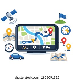 Цифровое GPS устройство, отображающее маршрут со спутниковыми символами и символами местоположения