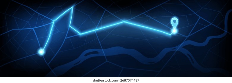 Mapa de navegación GPS digital con camino de carretera azul neón y marcadores de ubicación brillantes en bolsa oscura para el seguimiento. Superposición de la red con líneas de ruta brillantes y puntos de destino para un diseño moderno.