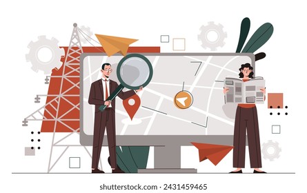 Digital GPS technology. Man with magnifying glass and woman near map at computer screen. Navigation and geolocation application. Cartoon flat vector illustration isolated on white background