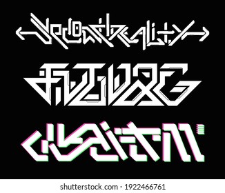 Digitales Graffiti-Set. Futuristische Schrift - Zukunft, zweite Realität und Dualismus. Grafischer digitaler Text. Hightech-Graffiti einzeln auf schwarzem Hintergrund. Vektorgrafik-Kollektion im Cyberpunk-Stil