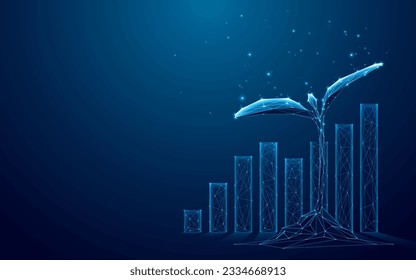 Gráfico gráfico gráfico gráfico digital y planta de crecimiento sobre fondo azul tecnológico. Concepto de negocio e inversión. El mercado de valores y el éxito empresarial.  Ilustración vectorial de malla baja con efecto 3D.