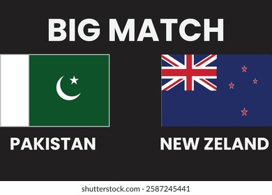 A digital graphic announcing a cricket match between Pakistan and New Zealand. first big match