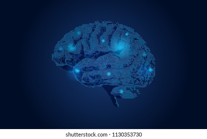 Digital graphic brain illustration glowing on dark blue background