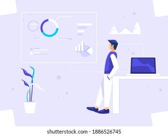 Digital graphic concept. Man manager monitoring chart progress. used for web, posters, flyers. flat vector illustration.