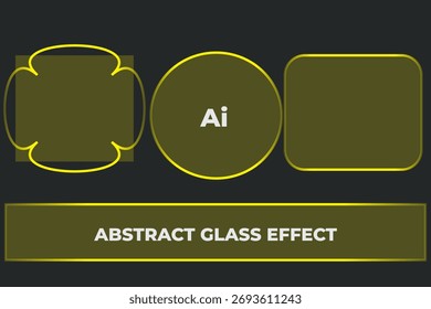 Eine digitale Grafik, die einen "Abstrakten Glaseffekt" mit drei Formen, einem stilisierten Quadrat, einem Kreis mit einem "Ai"-Logo und einem abgerundeten Quadrat zeigt, alle mit einem gelben, goldenen Farbton und einem Umriss auf einer dunklen Seite 