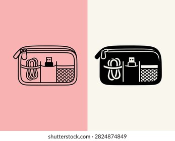 Digital graphic depicting a compact case with compartments for small electronics ideal for travel or tech accessory branding.