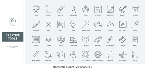 Design gráfico digital, ímã para conteúdo multimídia símbolos de contorno preto fino ilustração vetorial. Brainstorming ideia criativa, ferramentas de autores de editor, configurações de software conjunto de ícones de linha.